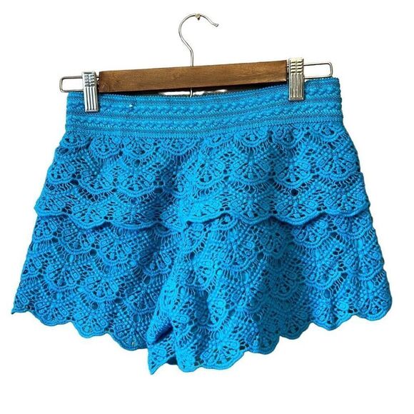 Crochet Ruffle Layered Shorts, Bright Blue, Beach, Resort, Summer - Picture 5 of 5